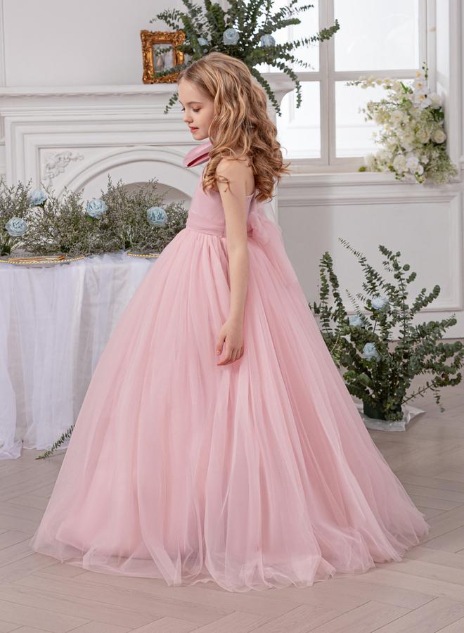 تايك تو فستان طويل بناتي شبكي وردي بكتف واحد - Image 5